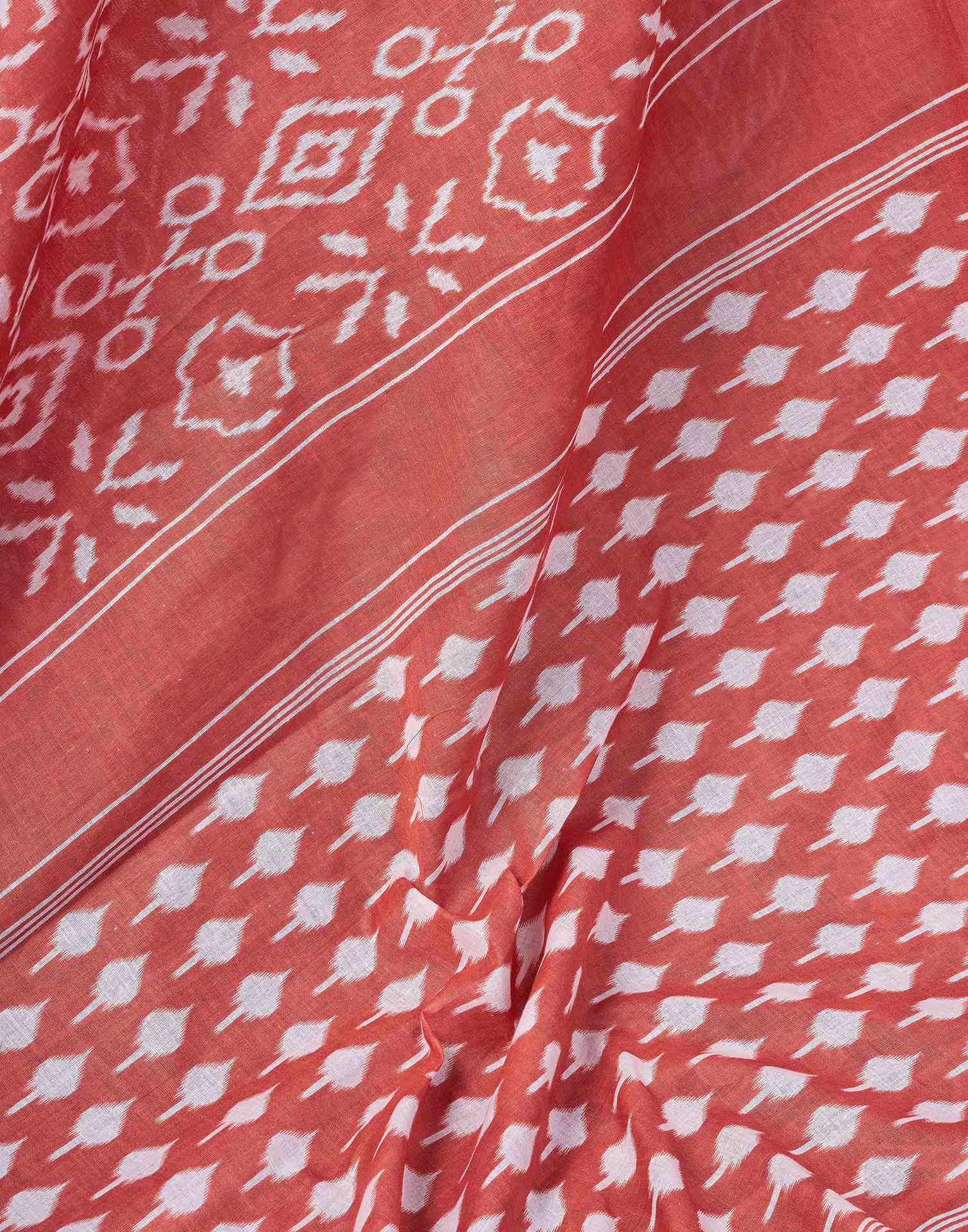 Ready To Wear Coral Orange Cotton Ikkat Printed Saree