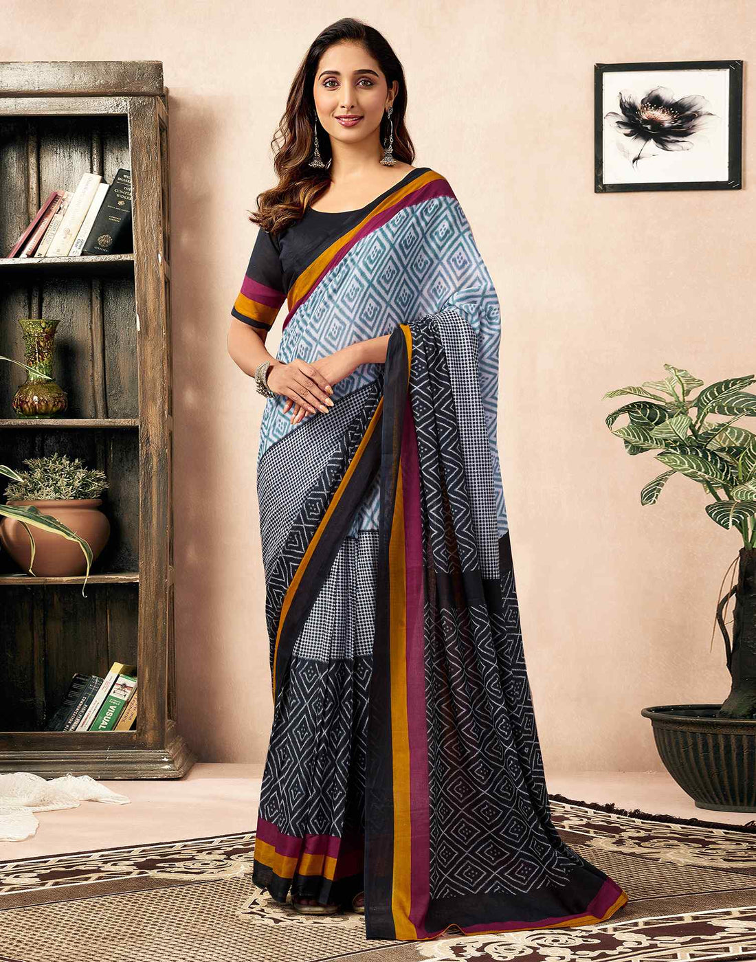 Ready To Wear Black Cotton Ikkat Printed Saree