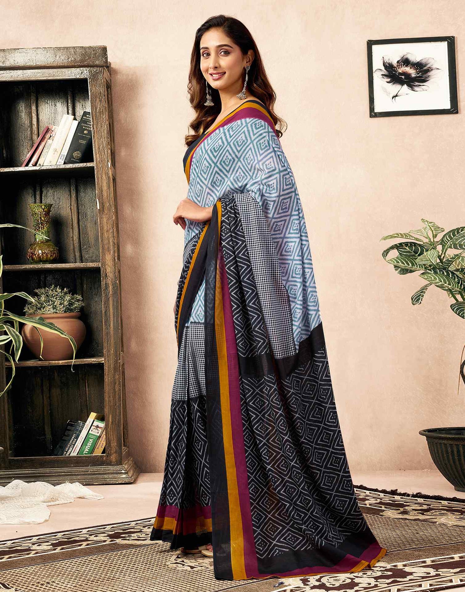 Ready To Wear Black Cotton Ikkat Printed Saree