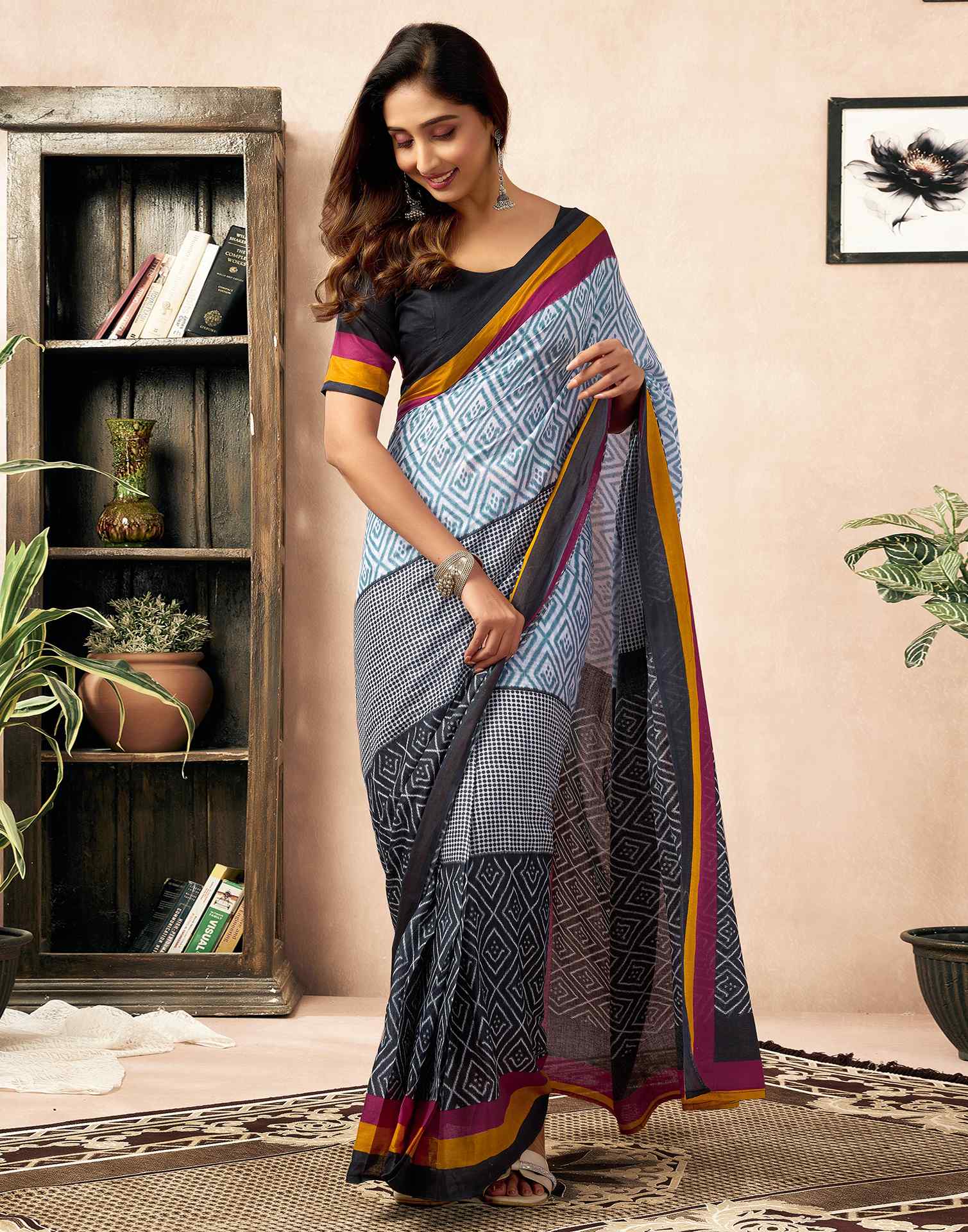 Ready To Wear Black Cotton Ikkat Printed Saree