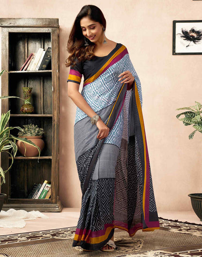 Ready To Wear Black Cotton Ikkat Printed Saree