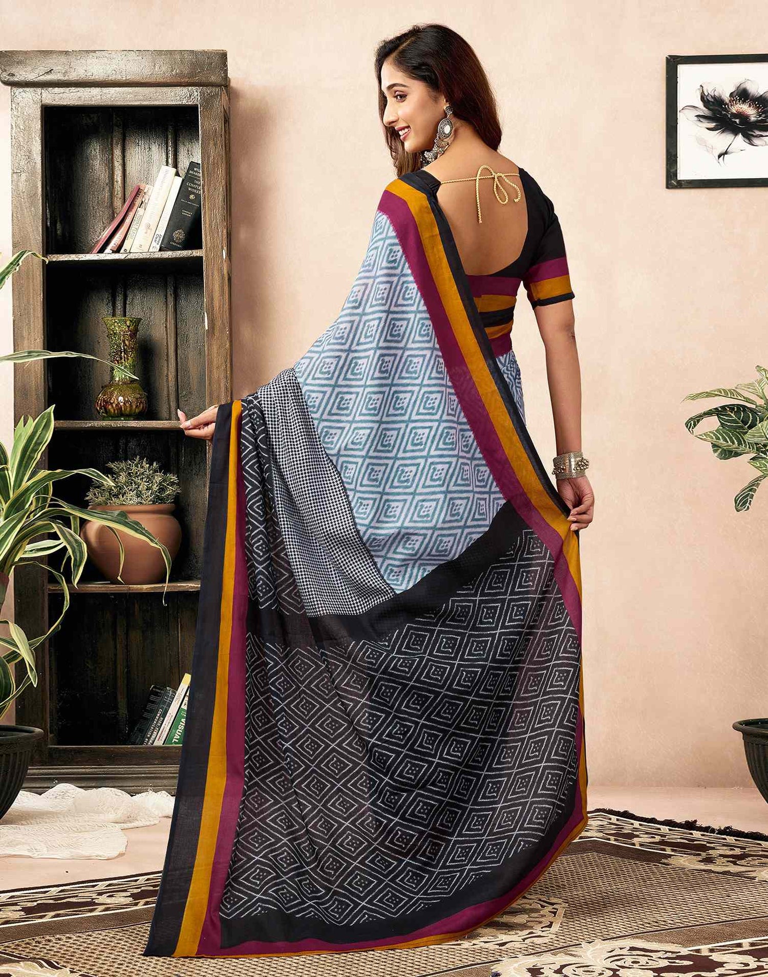 Ready To Wear Black Cotton Ikkat Printed Saree
