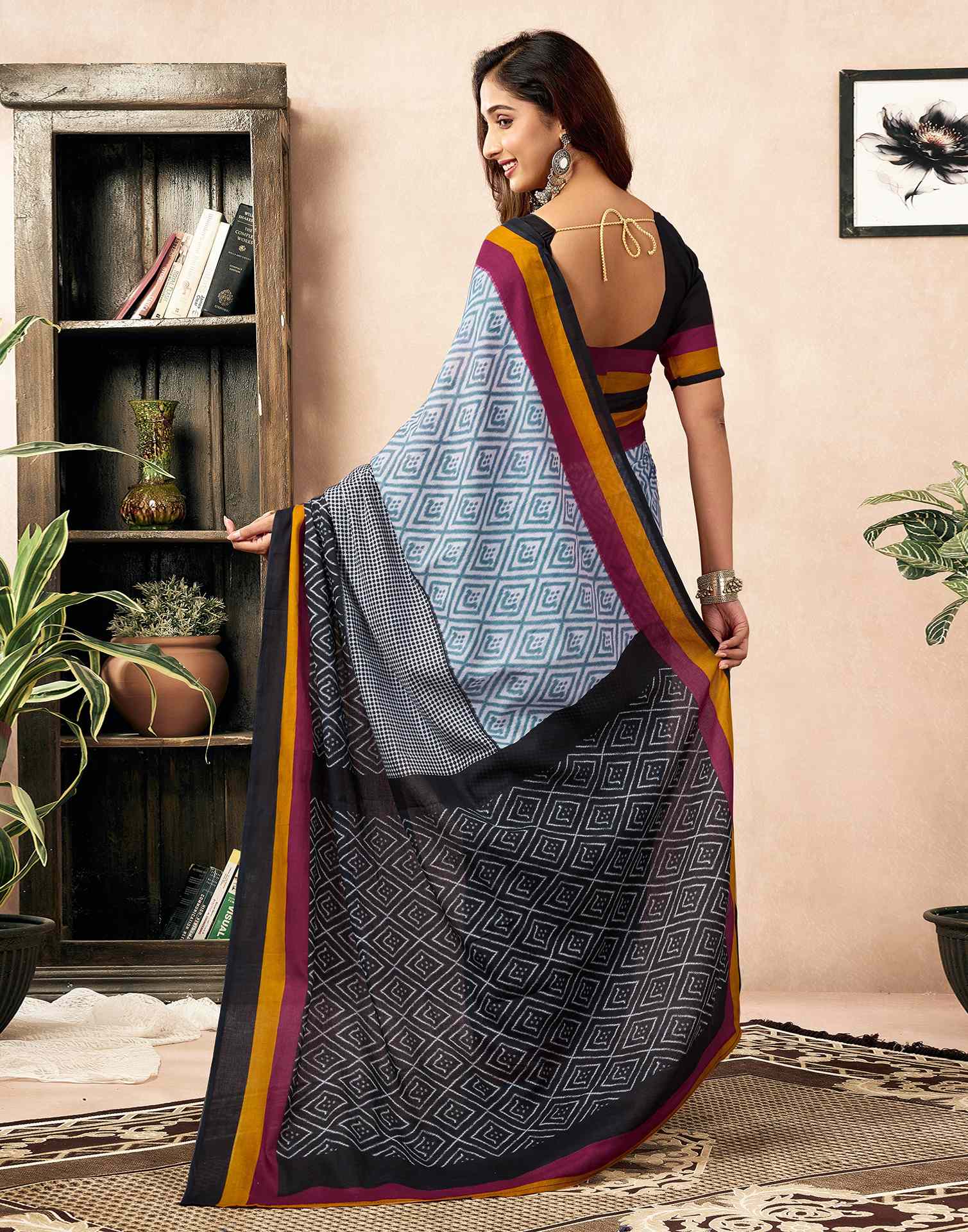 Ready To Wear Black Cotton Ikkat Printed Saree