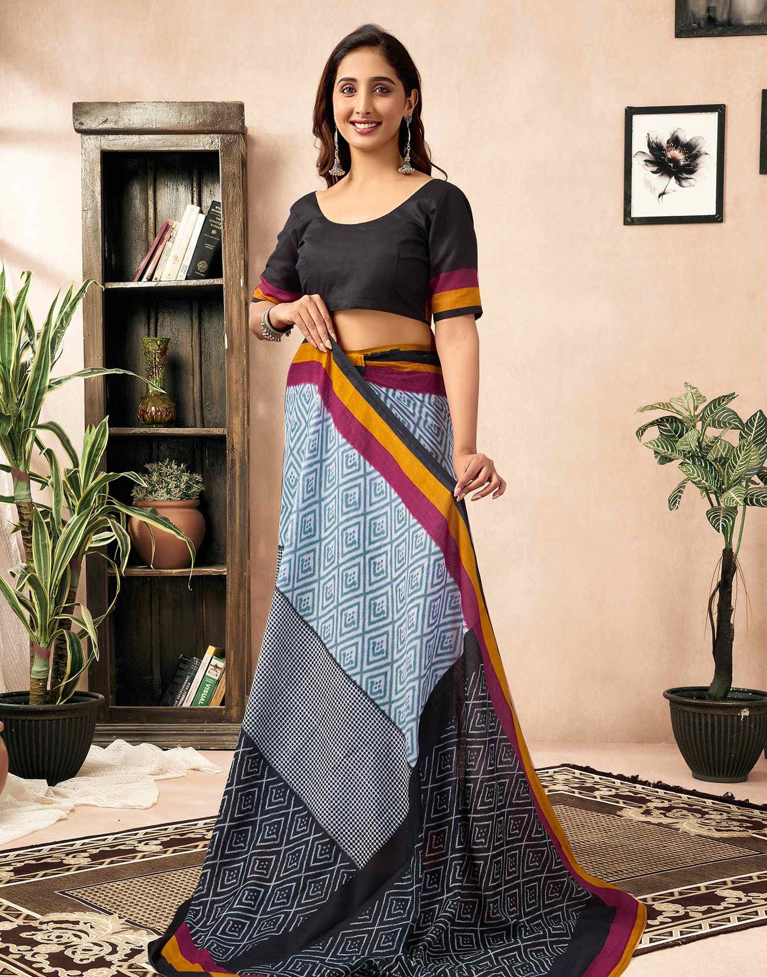 Ready To Wear Black Cotton Ikkat Printed Saree