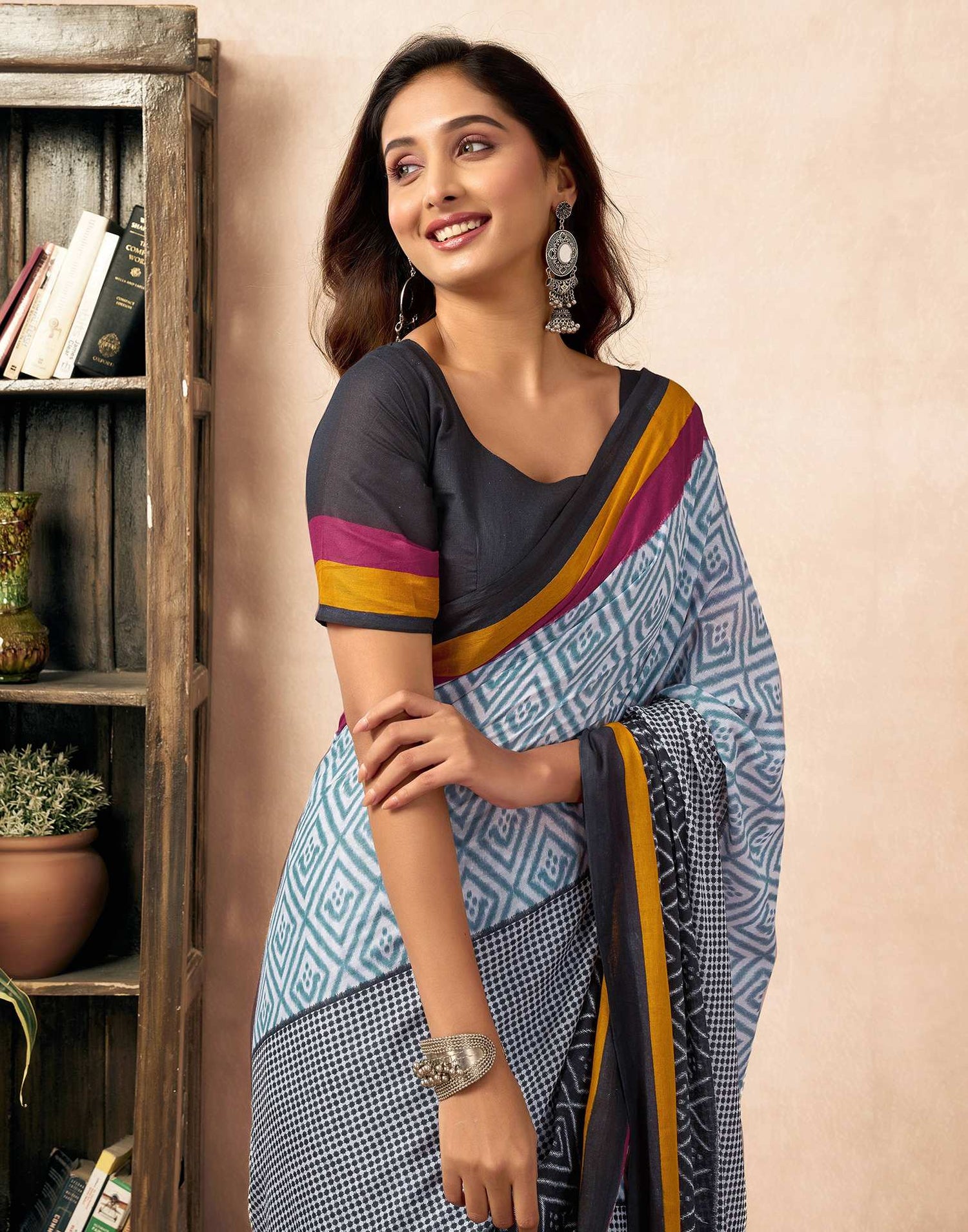 Ready To Wear Black Cotton Ikkat Printed Saree