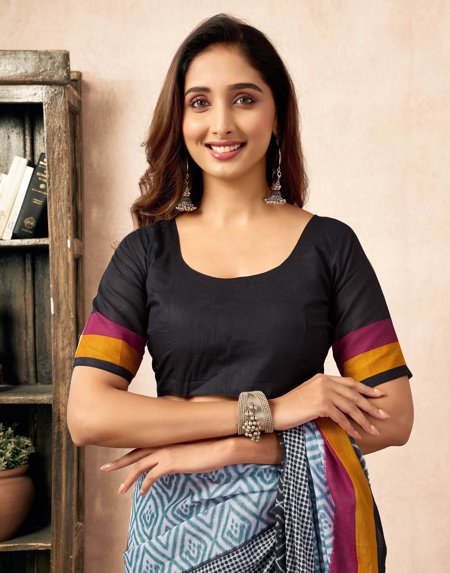 Ready To Wear Black Cotton Ikkat Printed Saree
