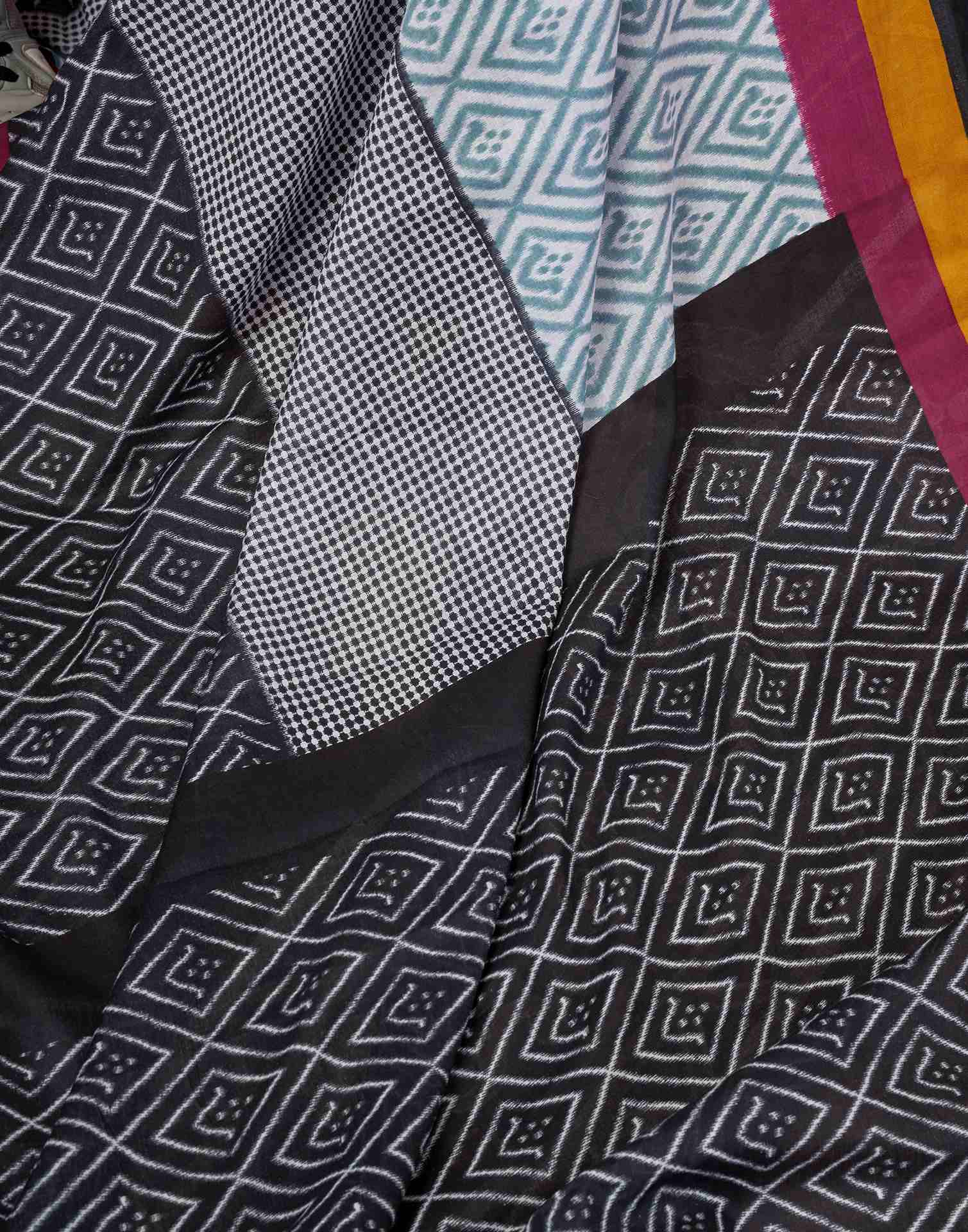 Ready To Wear Black Cotton Ikkat Printed Saree