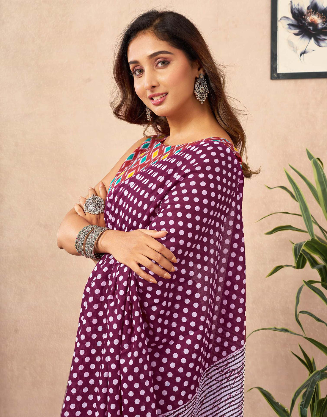 Ready To Wear Wine Cotton Printed Saree