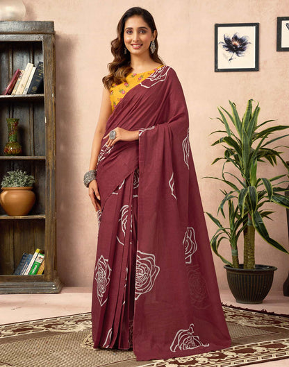 Ready To Wear Brown Cotton Printed Saree With Pocket