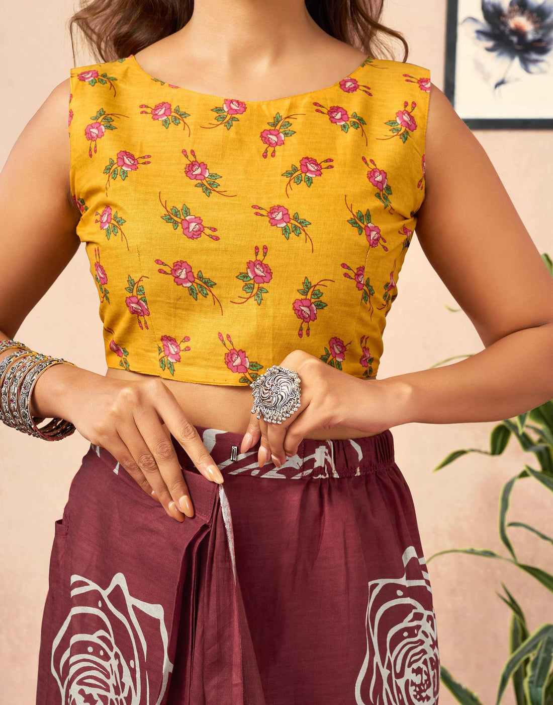 Ready To Wear Brown Cotton Printed Saree With Pocket