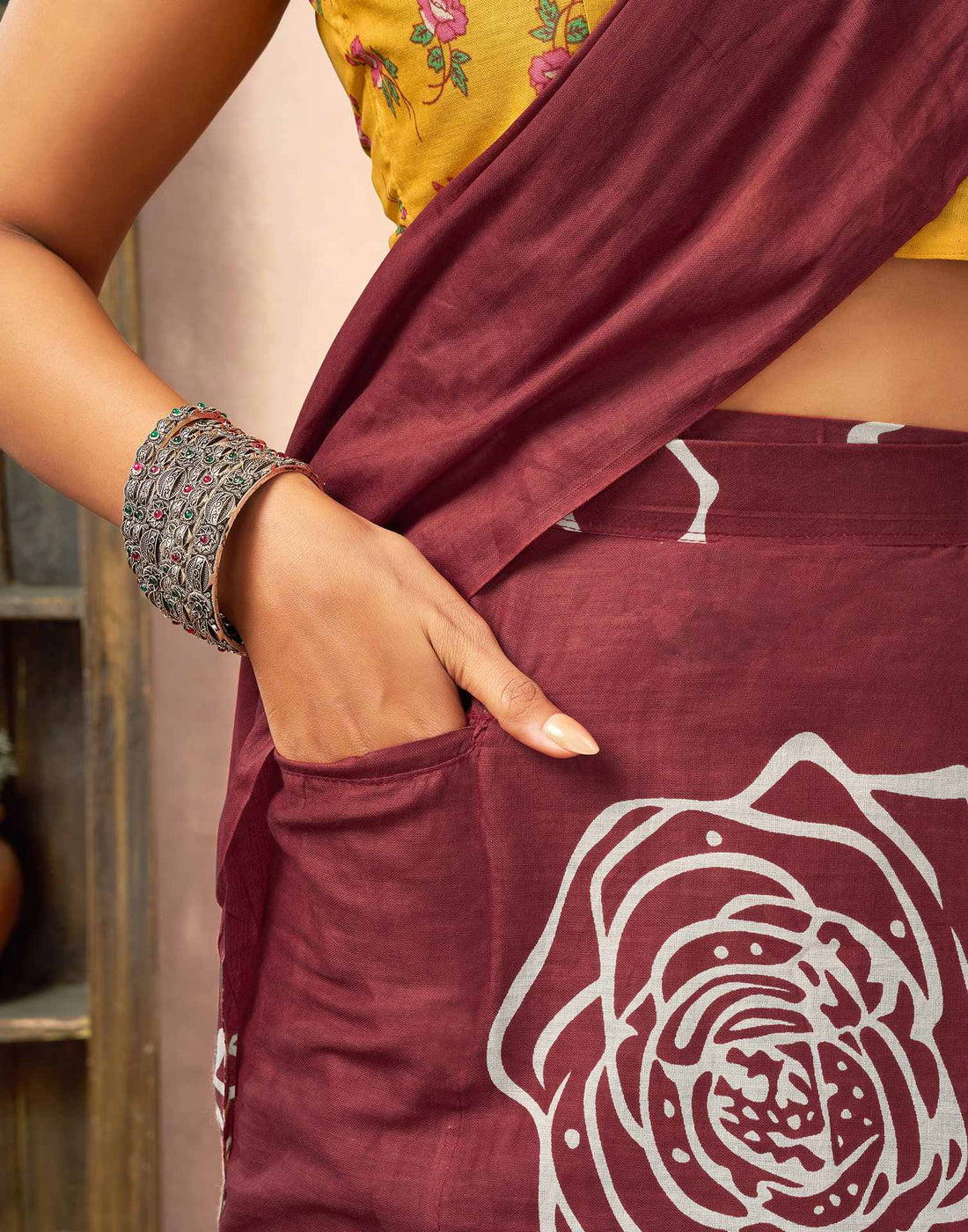 Ready To Wear Brown Cotton Printed Saree With Pocket