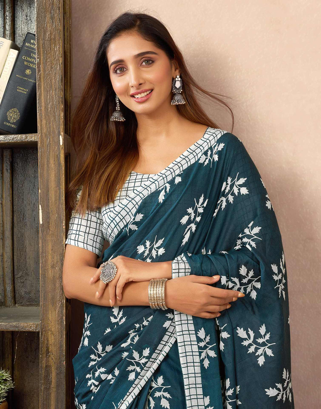 Ready To Wear Rama Blue Cotton Printed Saree