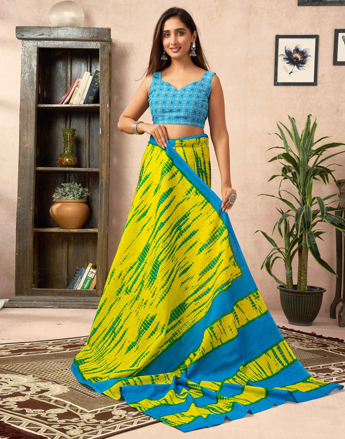 Ready To Wear Lemon Yellow Cotton Printed Saree With Pocket