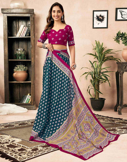 Ready To Wear Rama Blue Cotton Printed Saree