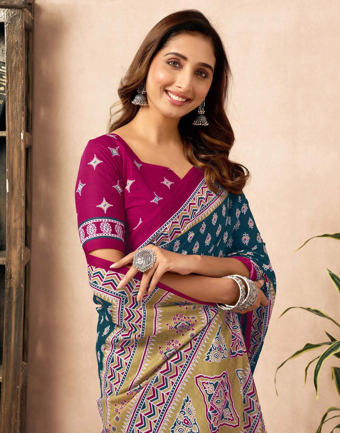 Ready To Wear Rama Blue Cotton Printed Saree