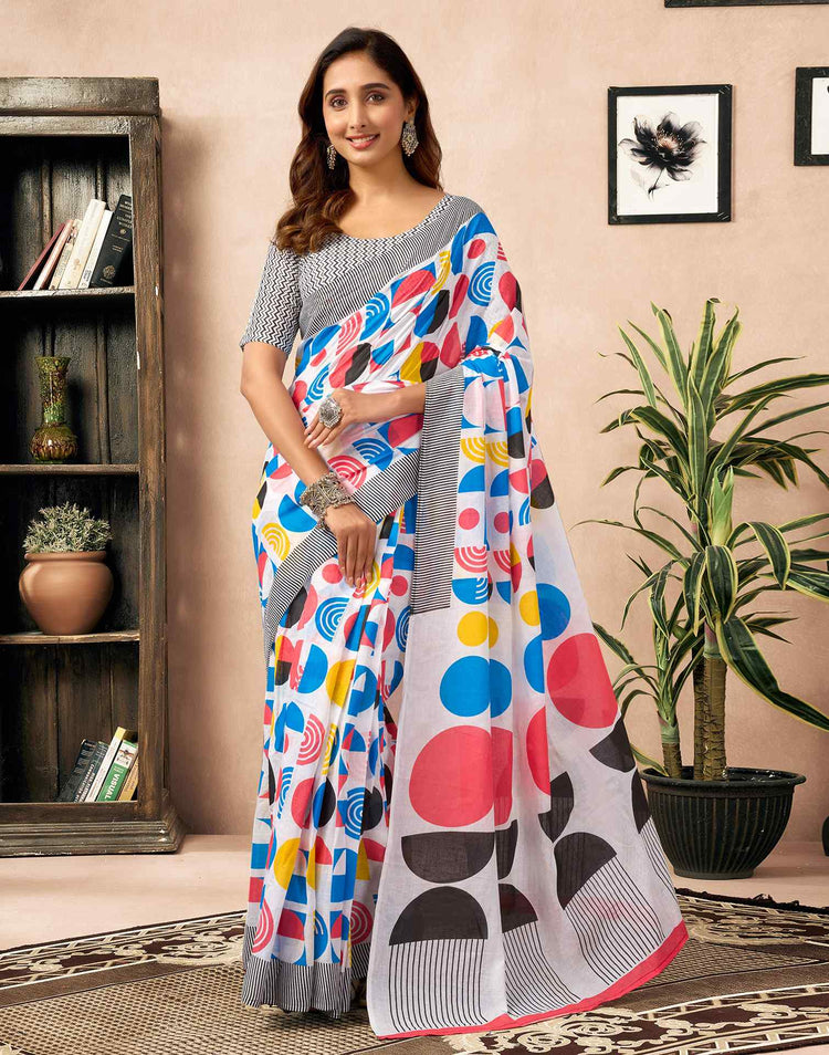 Ready To Wear White Cotton Printed Saree With Pocket