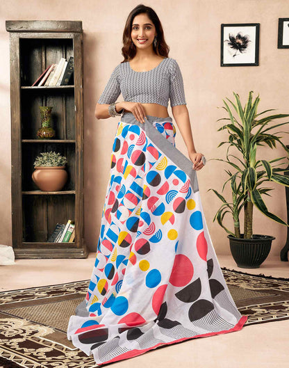 Ready To Wear White Cotton Printed Saree With Pocket