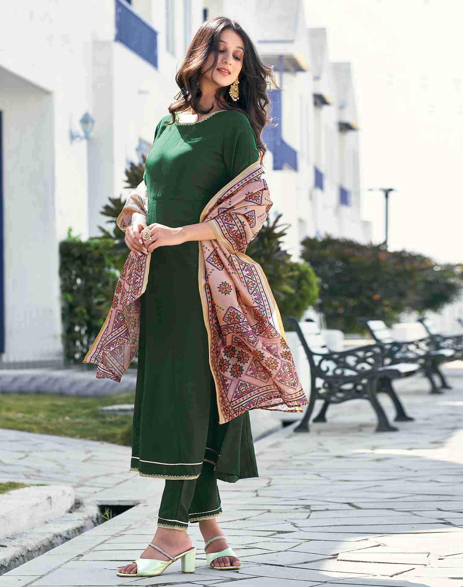 Dark Green Plain Chinnon A-Line Kurta With Pant And Dupatta