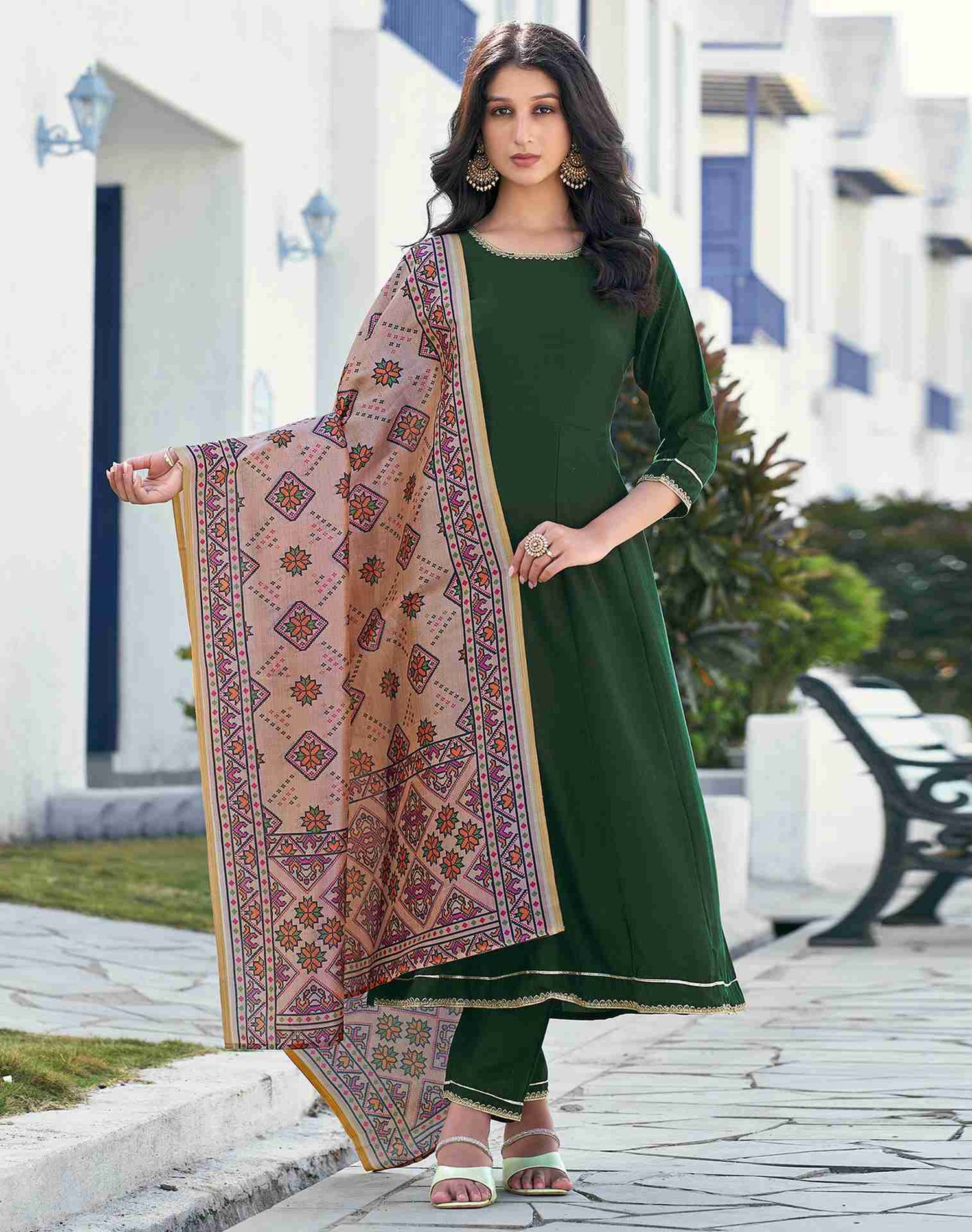 Dark Green Plain Chinnon A-Line Kurta With Pant And Dupatta