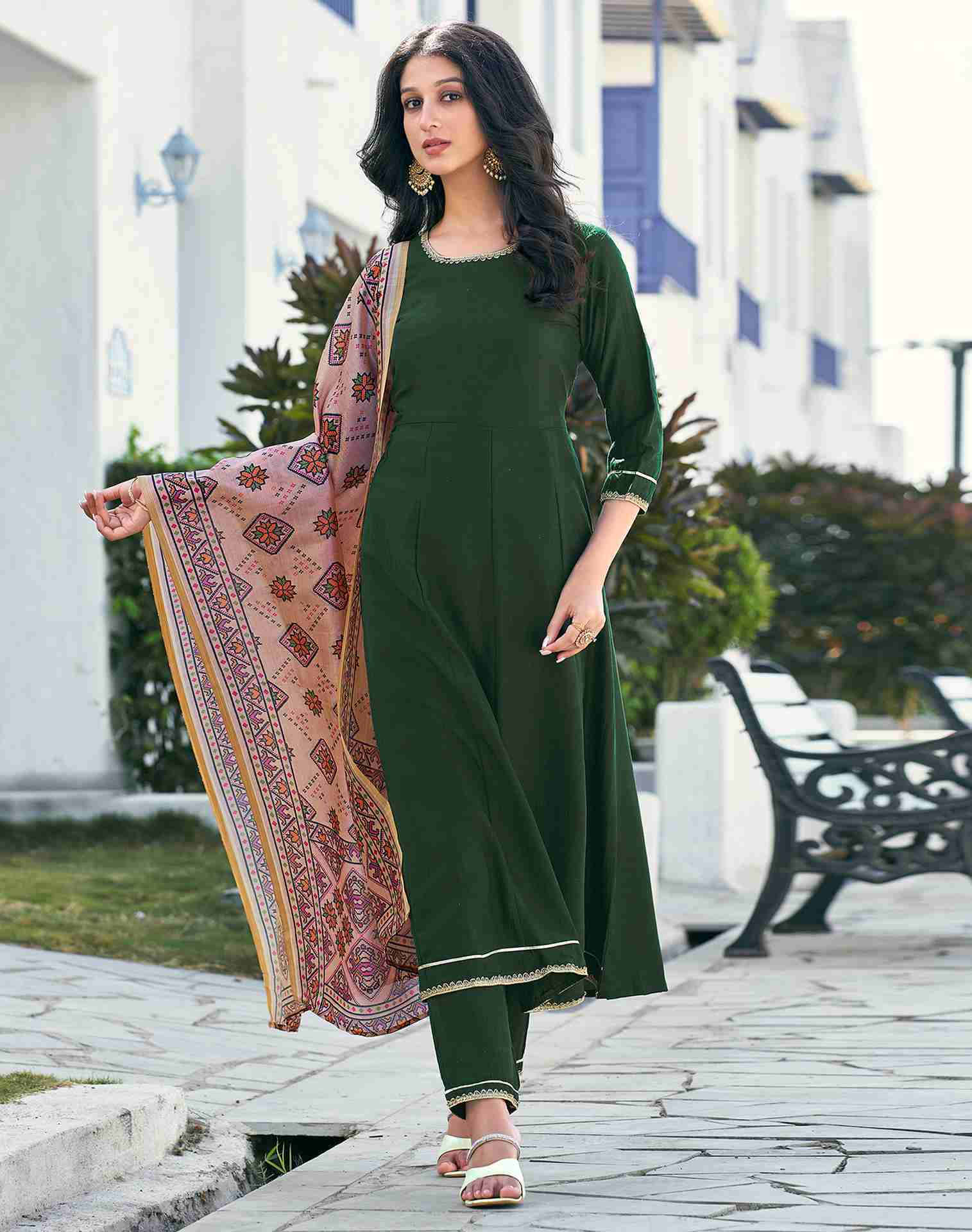 Dark Green Plain Chinnon A-Line Kurta With Pant And Dupatta