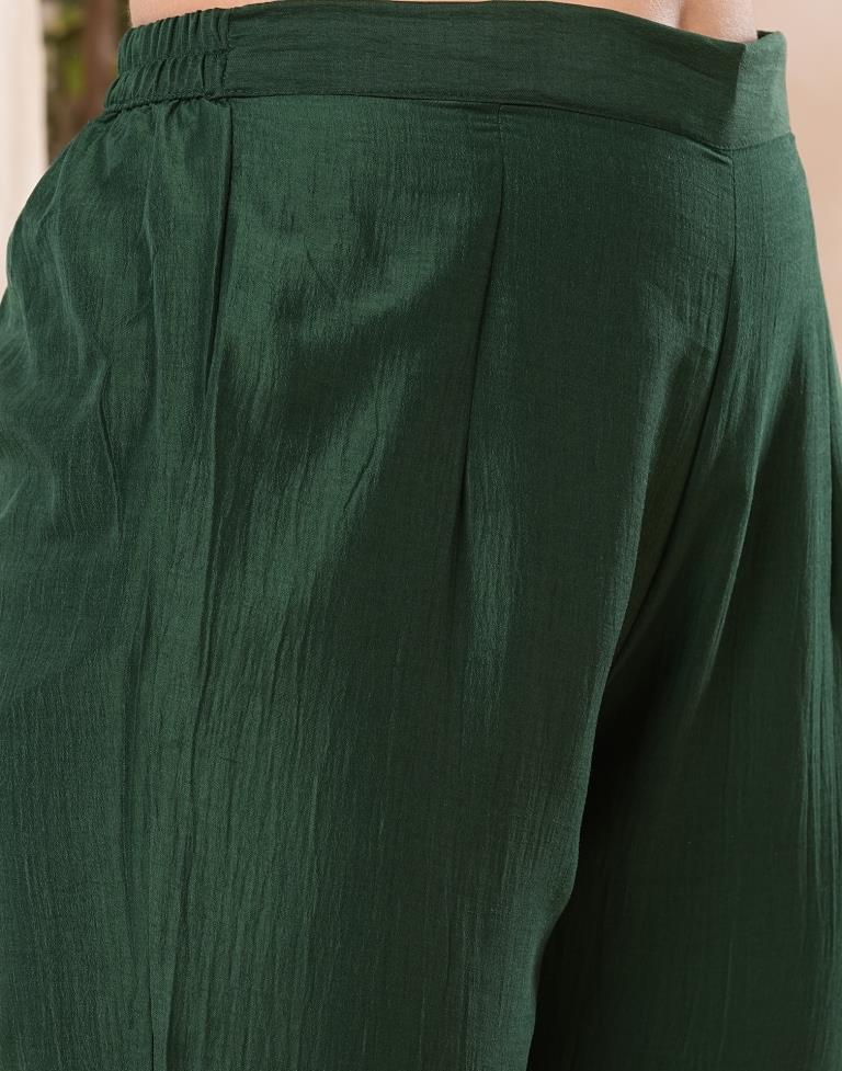 Dark Green Plain Chinnon A-Line Kurta With Pant And Dupatta