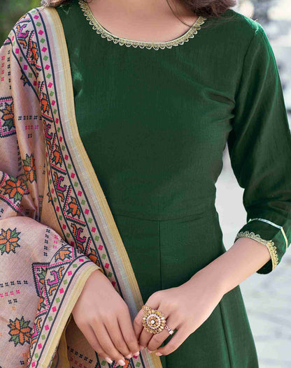 Dark Green Plain Chinnon A-Line Kurta With Pant And Dupatta