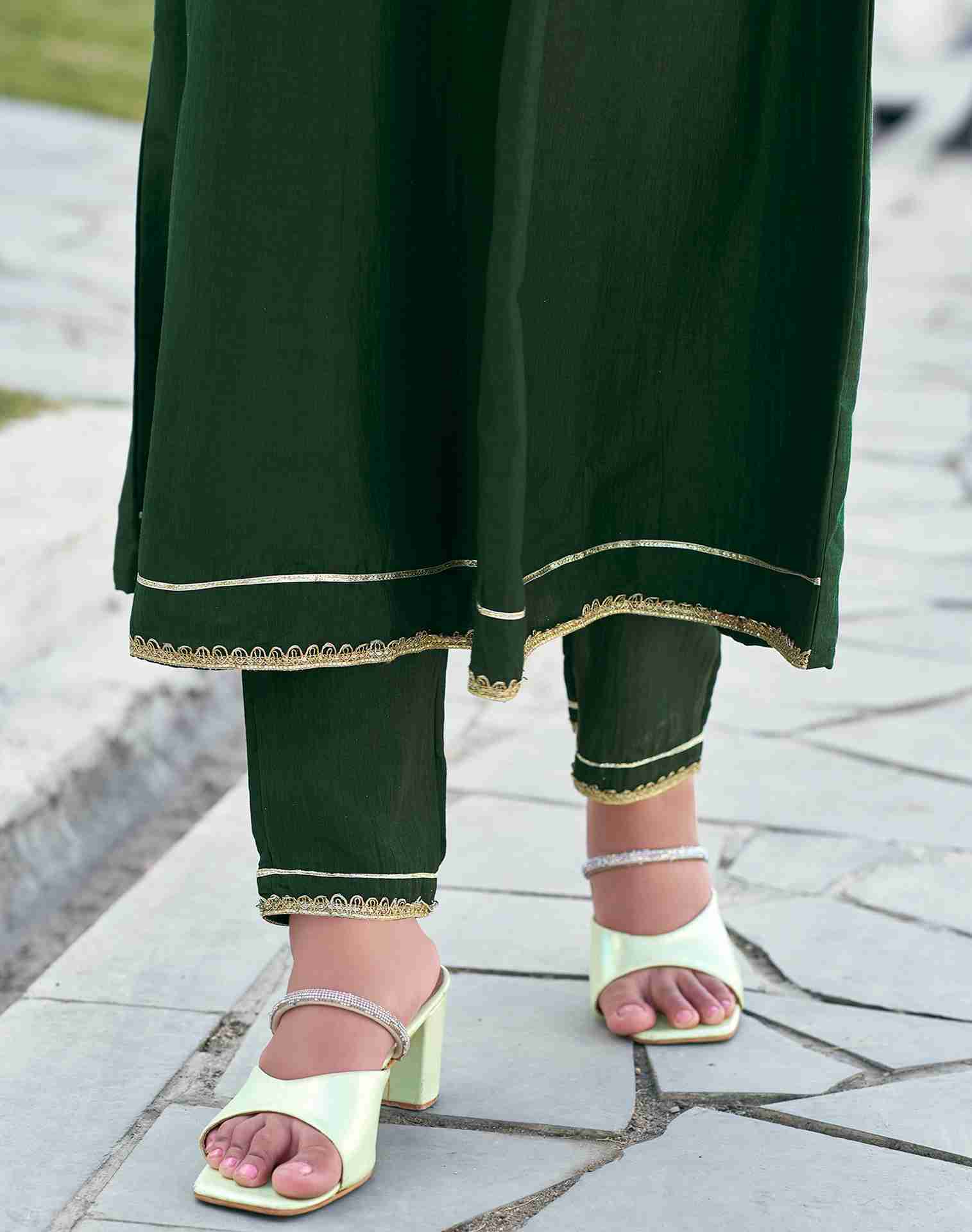 Dark Green Plain Chinnon A-Line Kurta With Pant And Dupatta