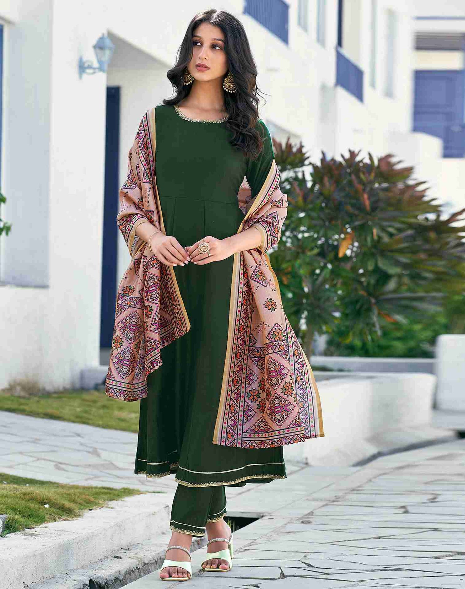 Dark Green Plain Chinnon A-Line Kurta With Pant And Dupatta