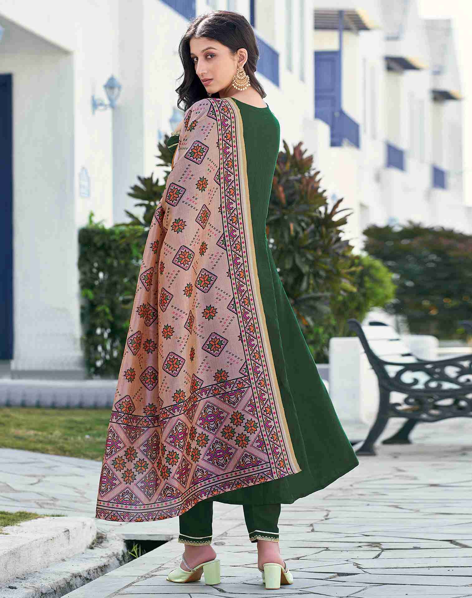 Dark Green Plain Chinnon A-Line Kurta With Pant And Dupatta