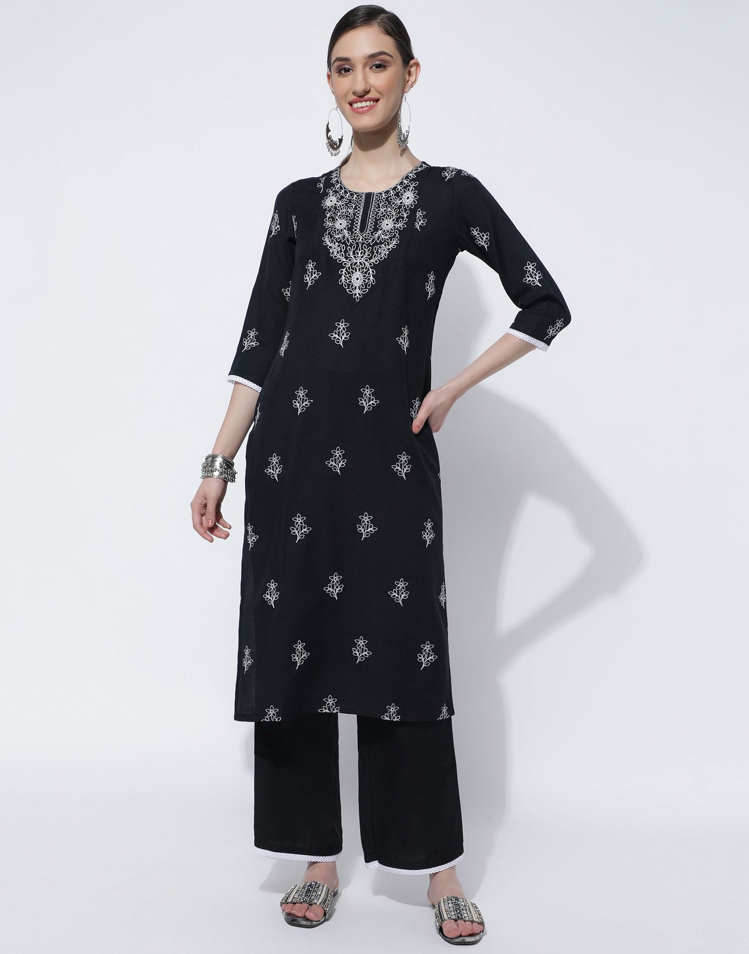 Black Plain Rayon Straight Kurta With Pant And Dupatta