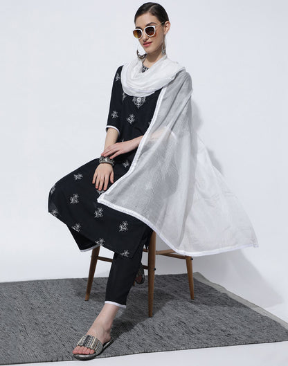 Black Plain Rayon Straight Kurta With Pant And Dupatta