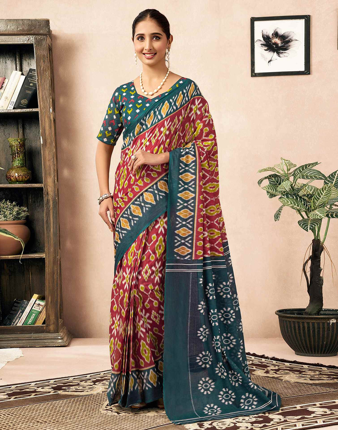 Ready To Wear Red Cotton Ikkat Printed Saree