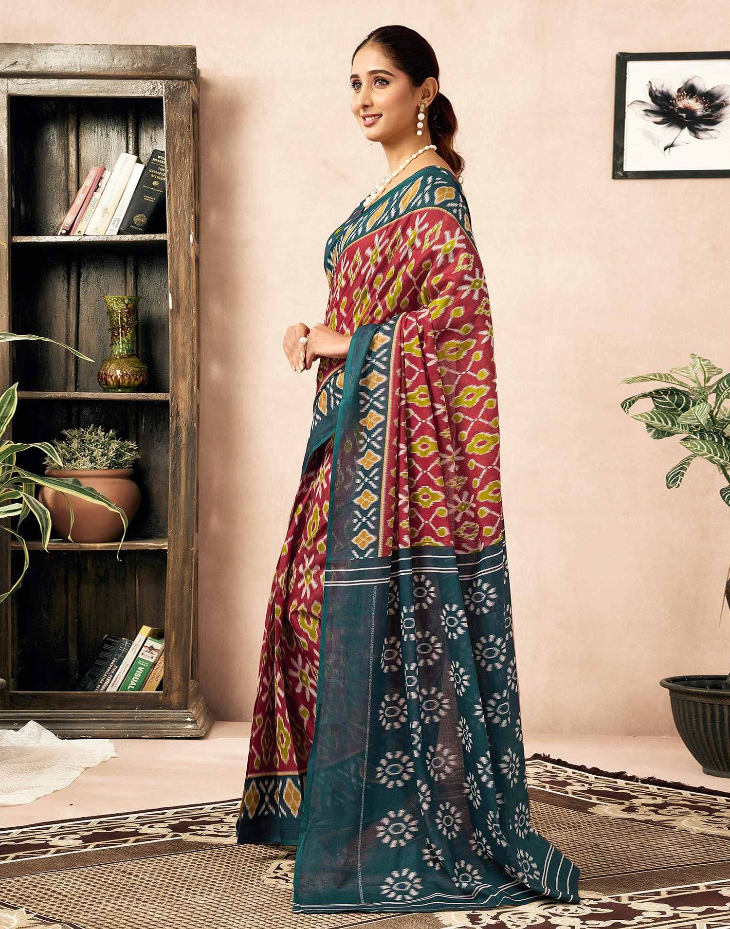 Ready To Wear Red Cotton Ikkat Printed Saree