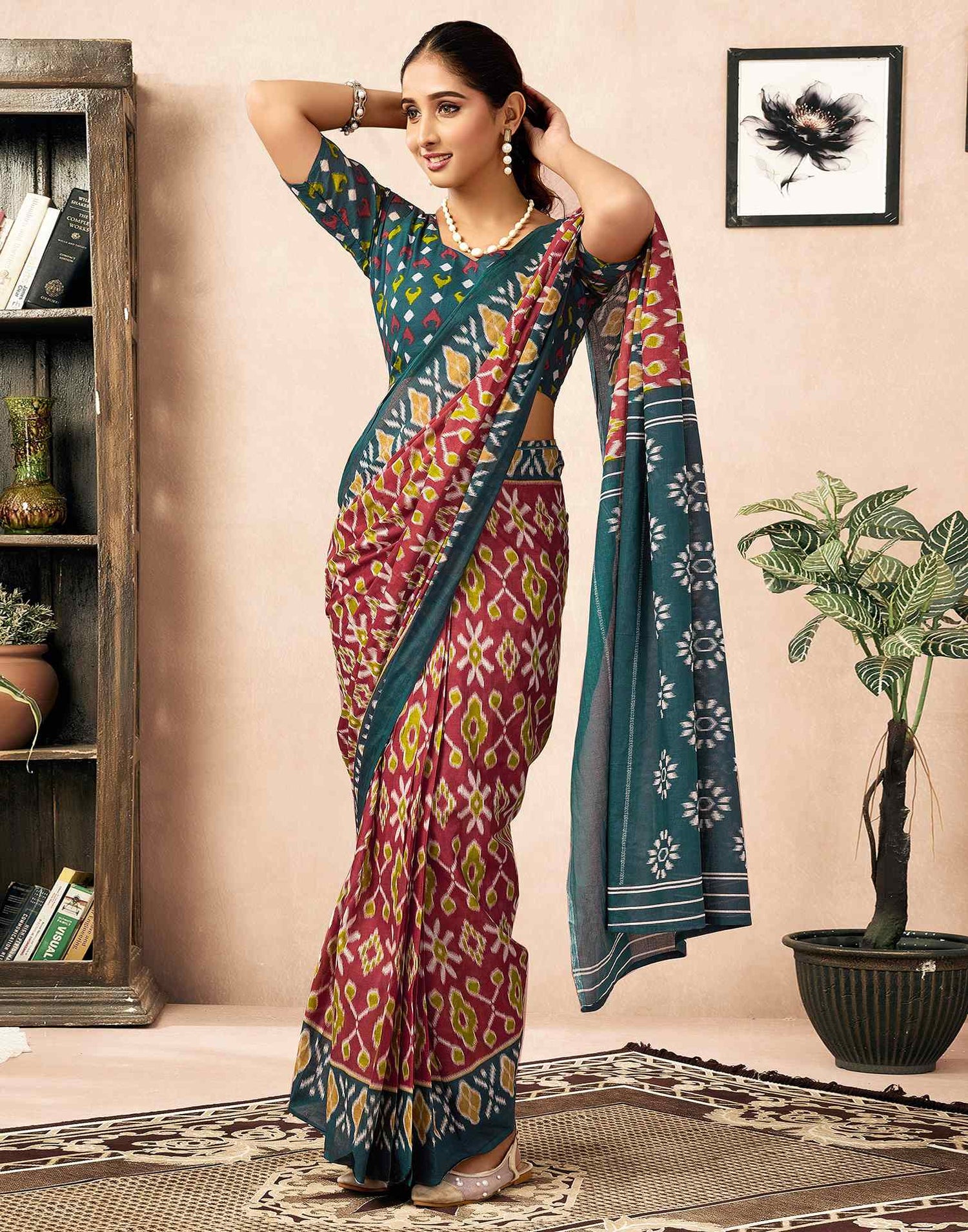 Ready To Wear Red Cotton Ikkat Printed Saree