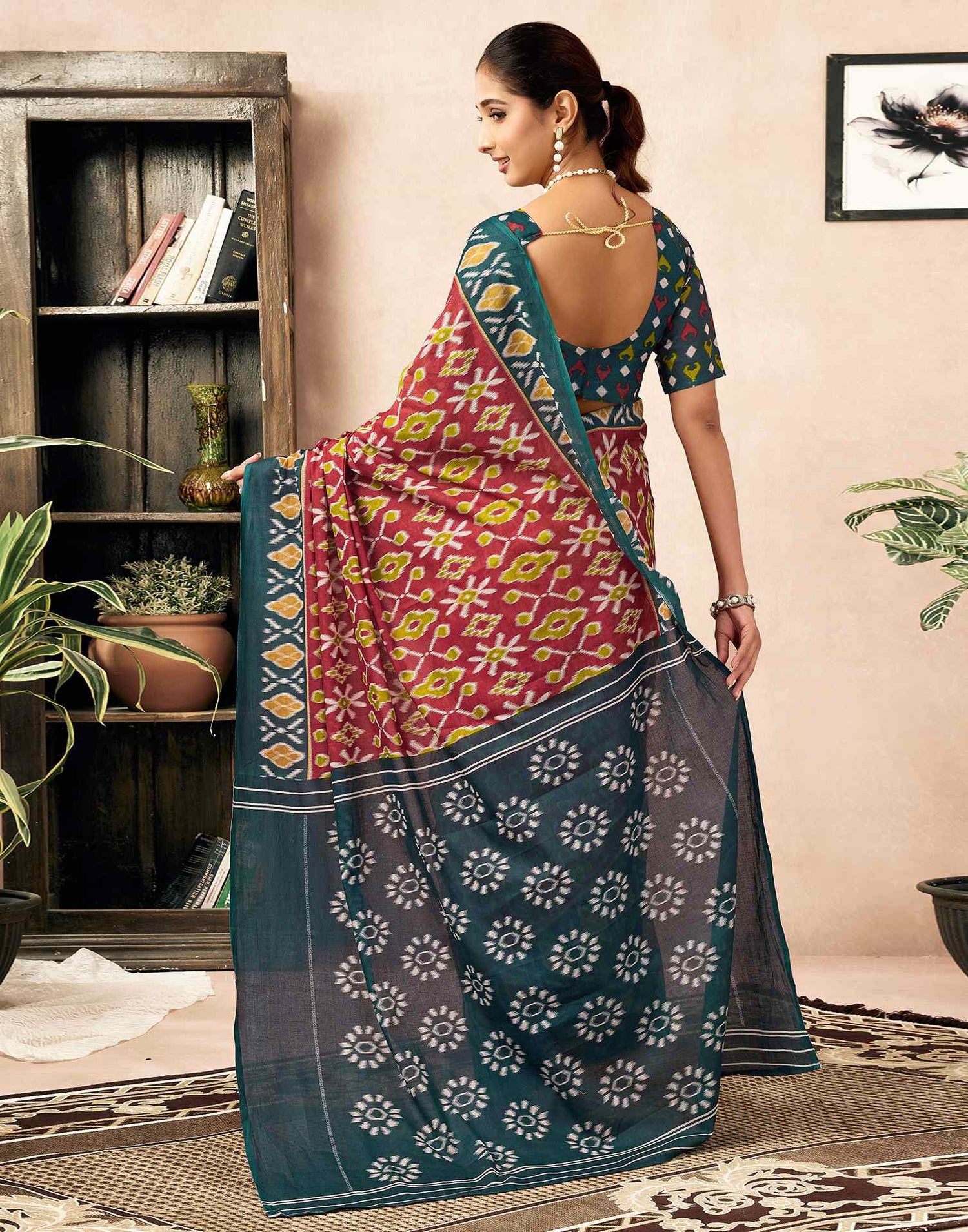 Ready To Wear Red Cotton Ikkat Printed Saree