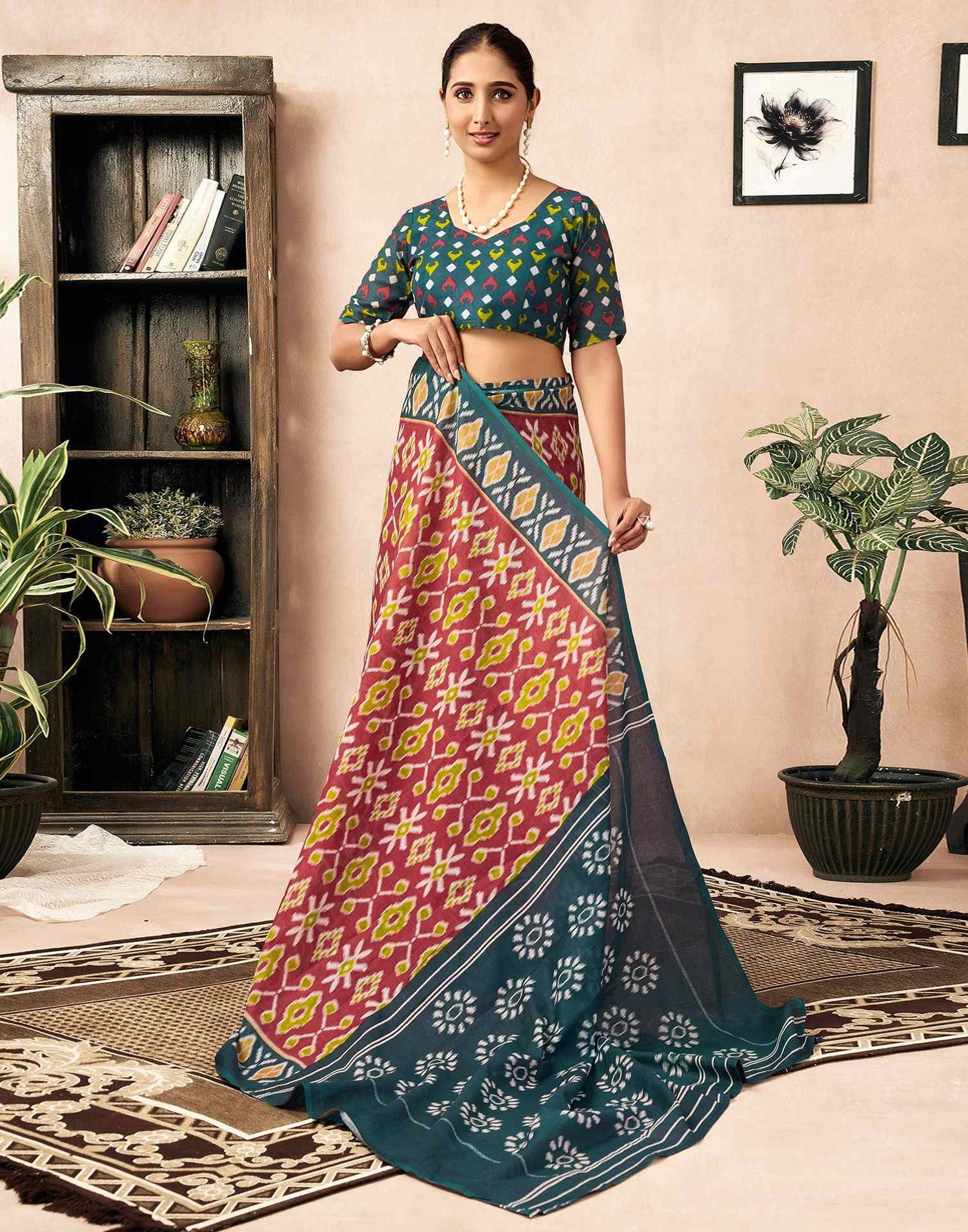 Ready To Wear Red Cotton Ikkat Printed Saree