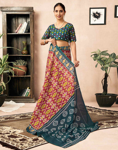 Ready To Wear Red Cotton Ikkat Printed Saree