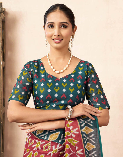 Ready To Wear Red Cotton Ikkat Printed Saree