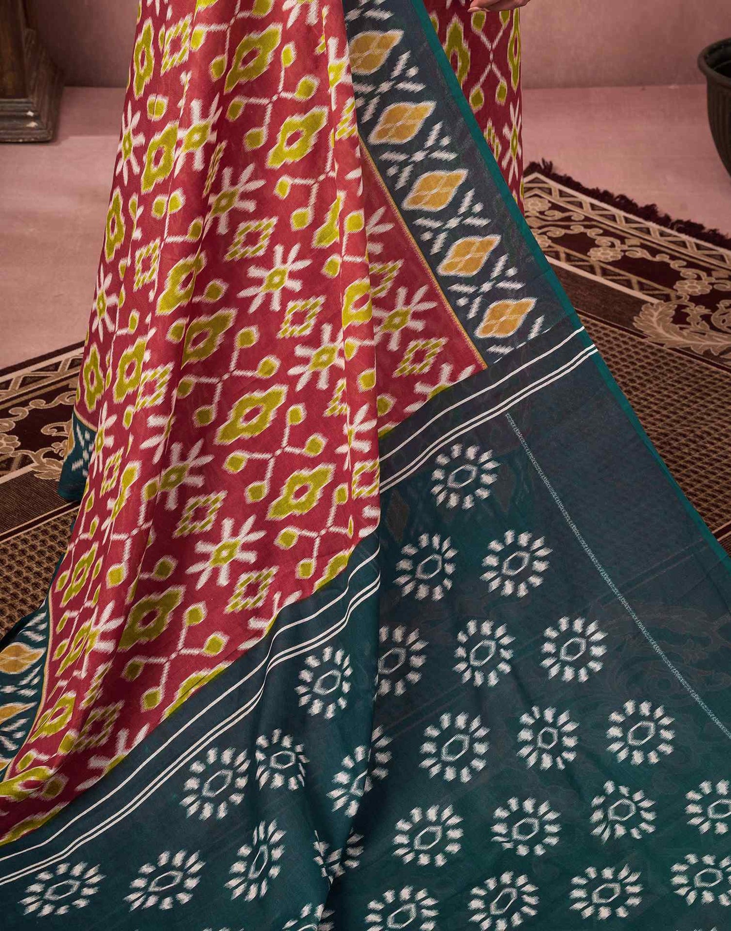 Ready To Wear Red Cotton Ikkat Printed Saree
