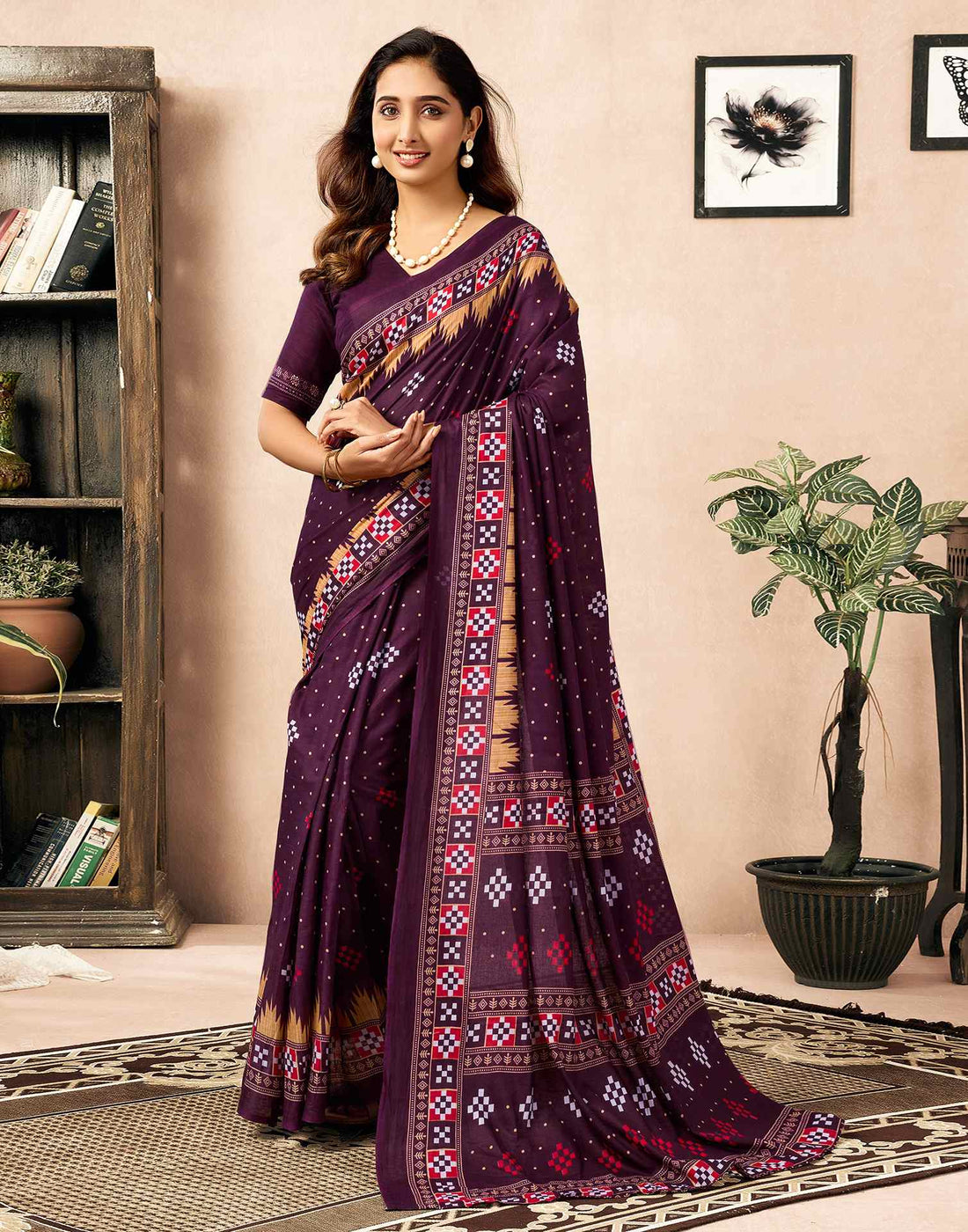 Ready To Wear Wine Cotton Printed Saree
