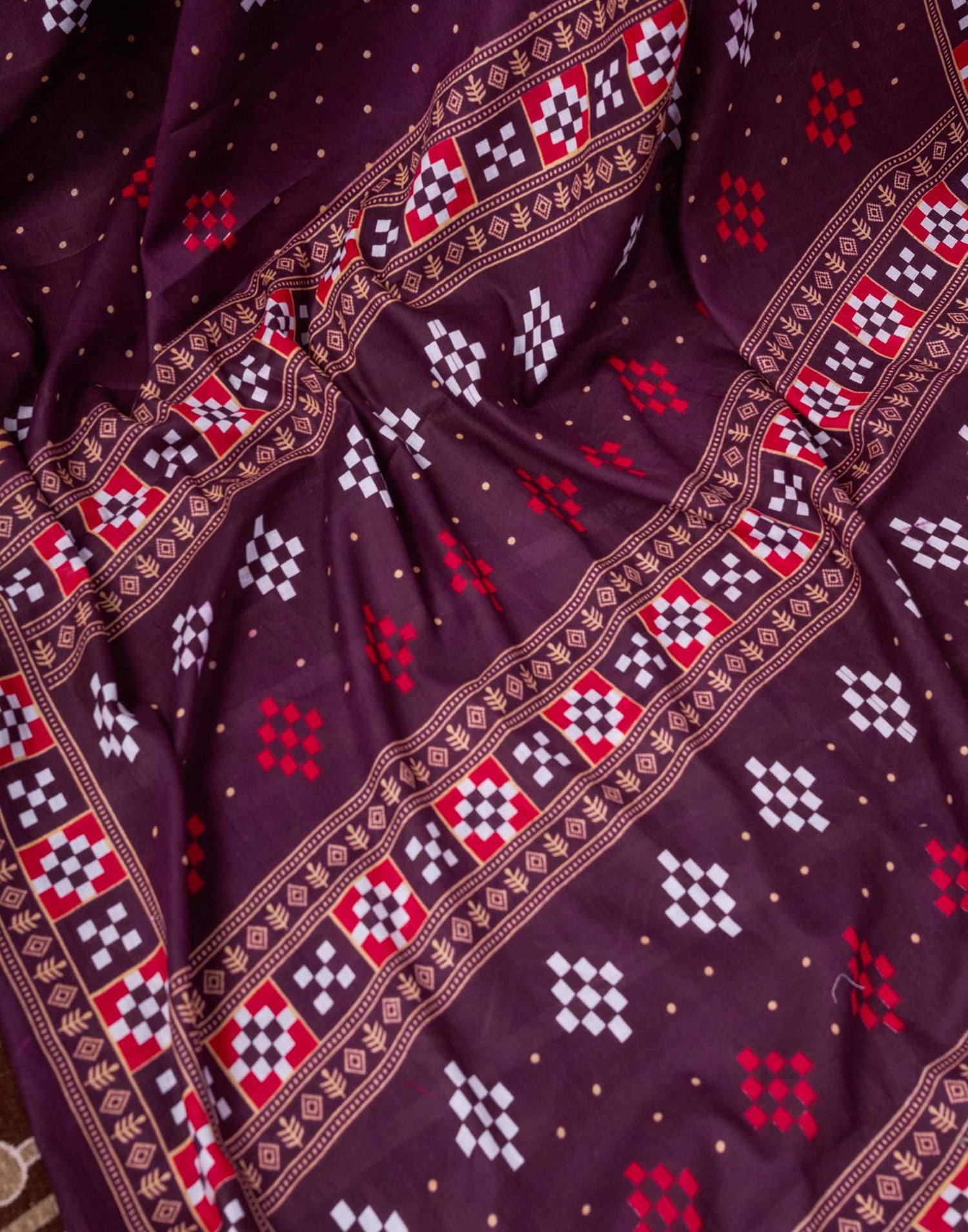 Ready To Wear Wine Cotton Printed Saree