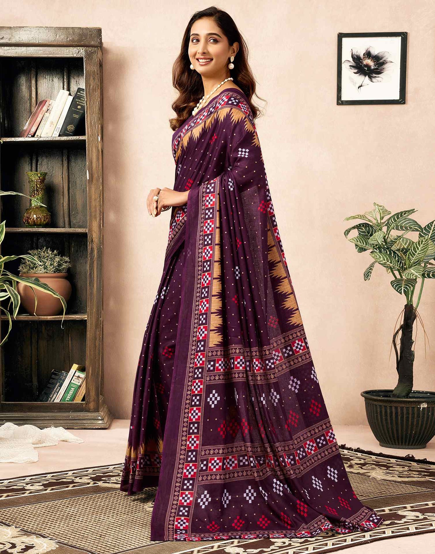 Ready To Wear Wine Cotton Printed Saree