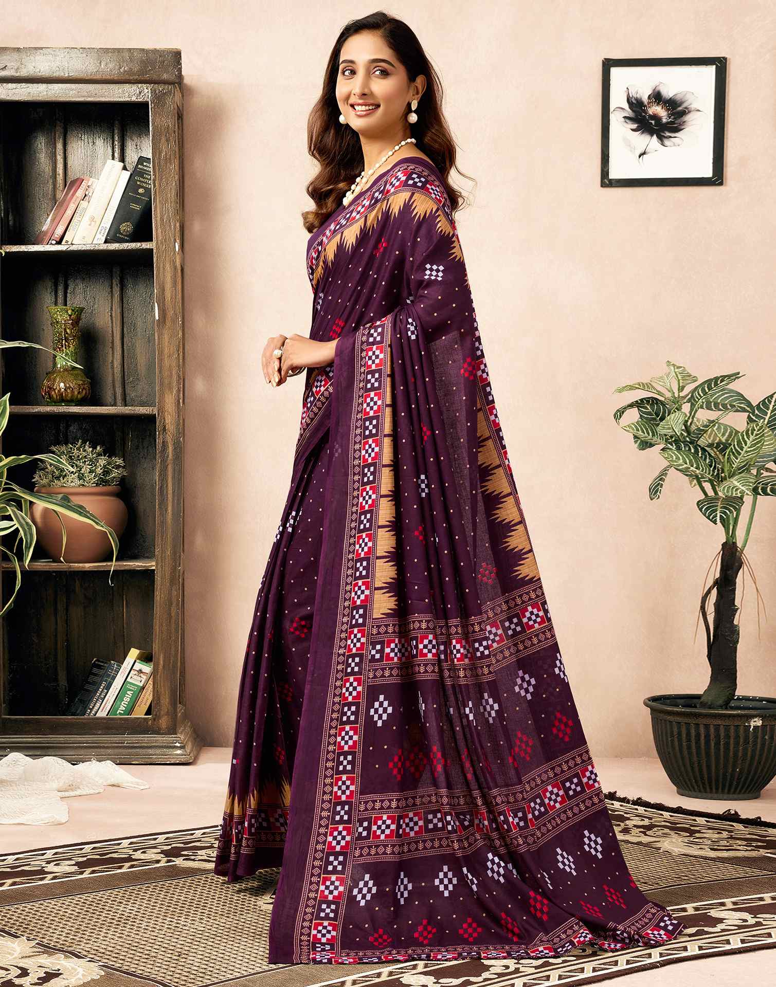 Ready To Wear Wine Cotton Printed Saree