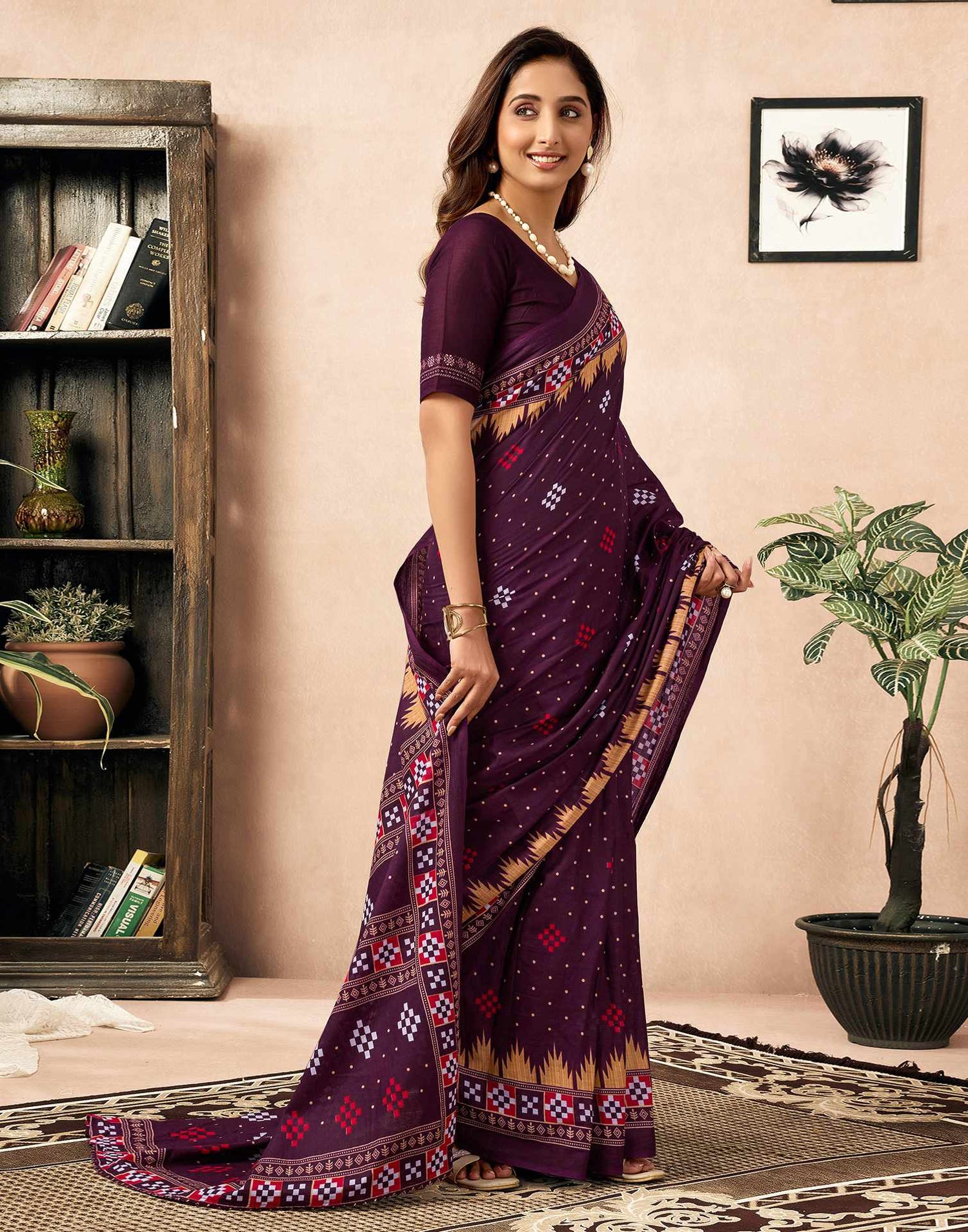 Ready To Wear Wine Cotton Printed Saree