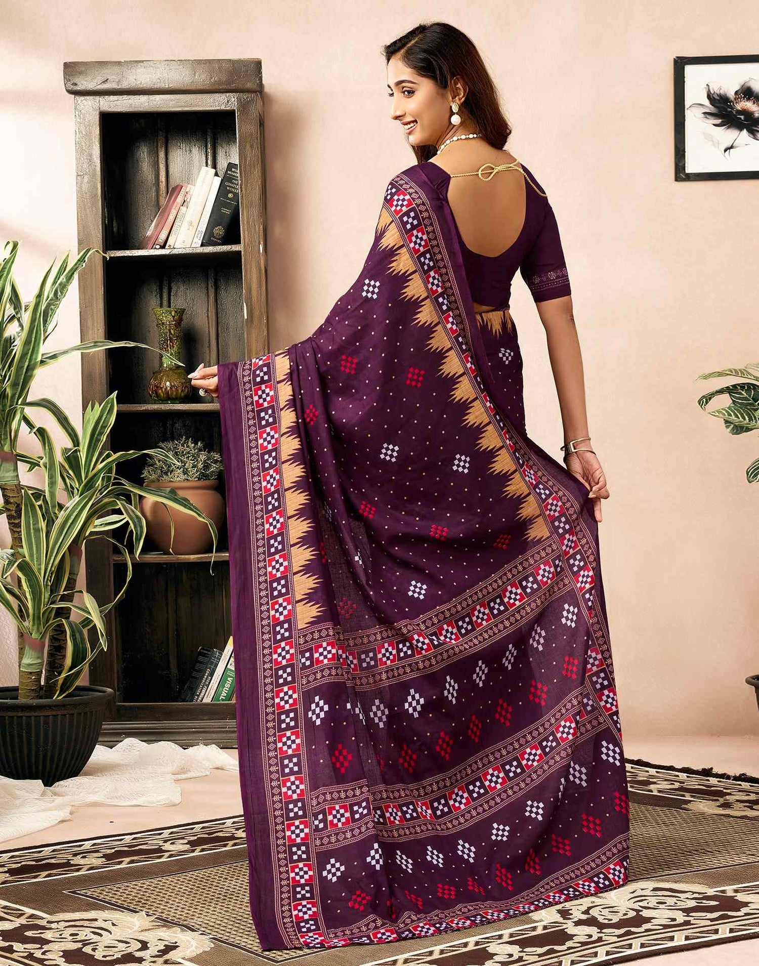 Ready To Wear Wine Cotton Printed Saree