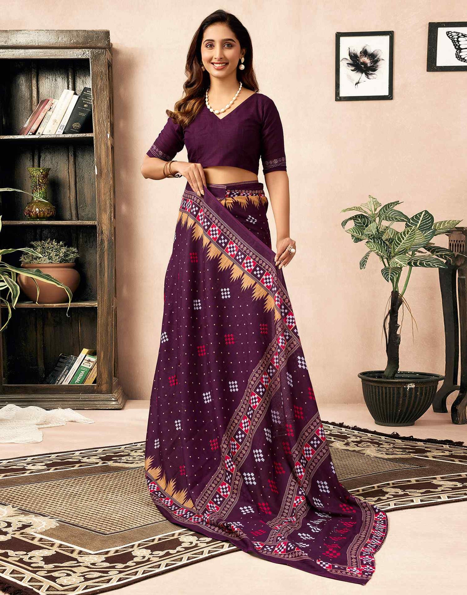 Ready To Wear Wine Cotton Printed Saree