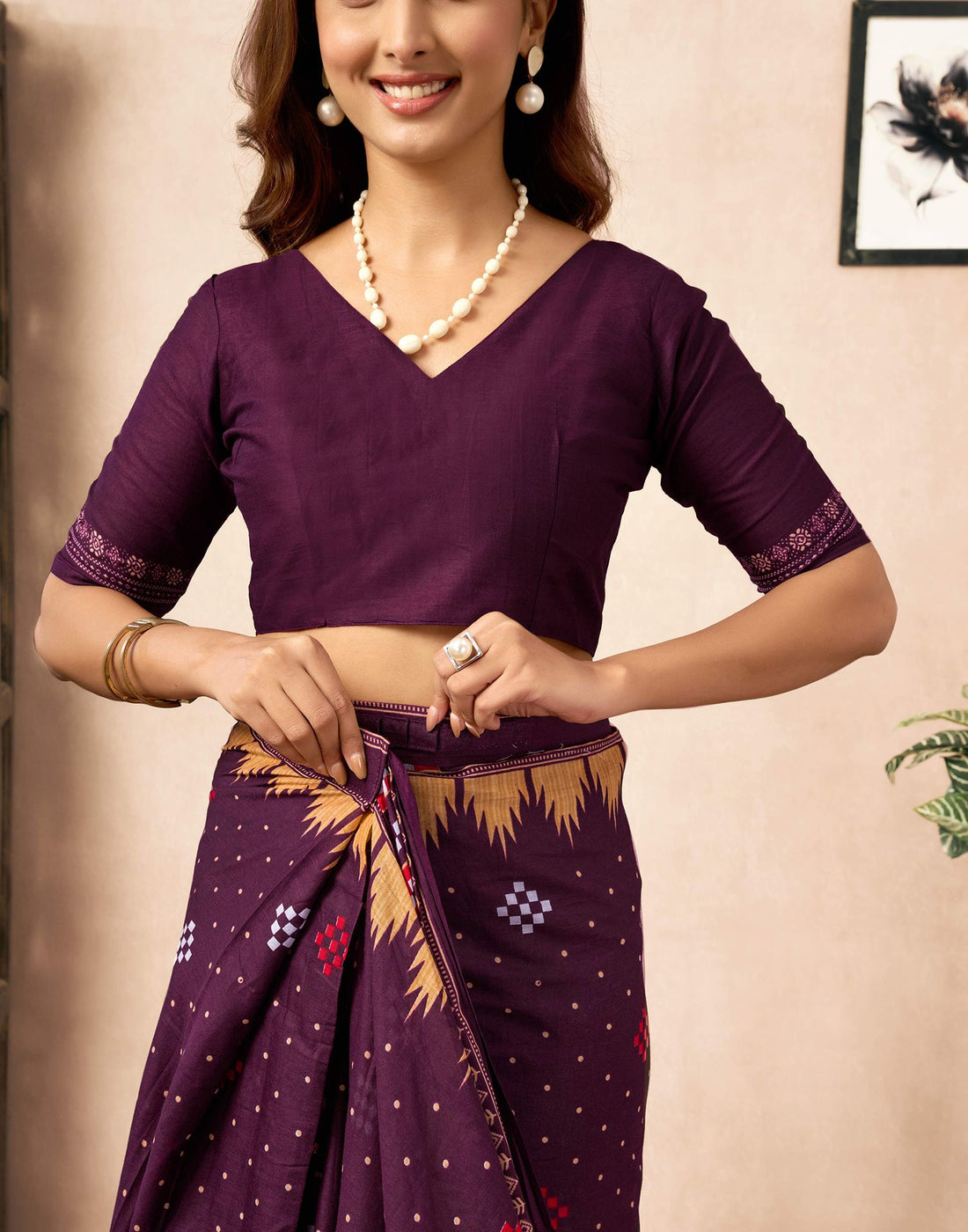 Ready To Wear Wine Cotton Printed Saree