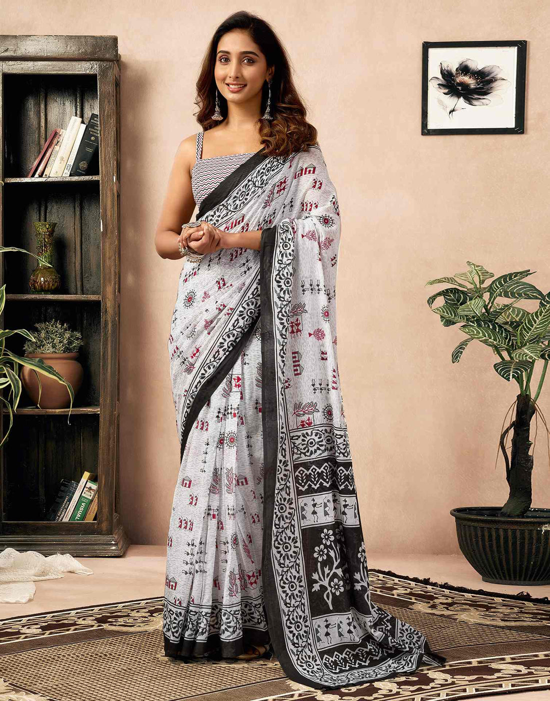 Ready To Wear White Cotton Printed Saree
