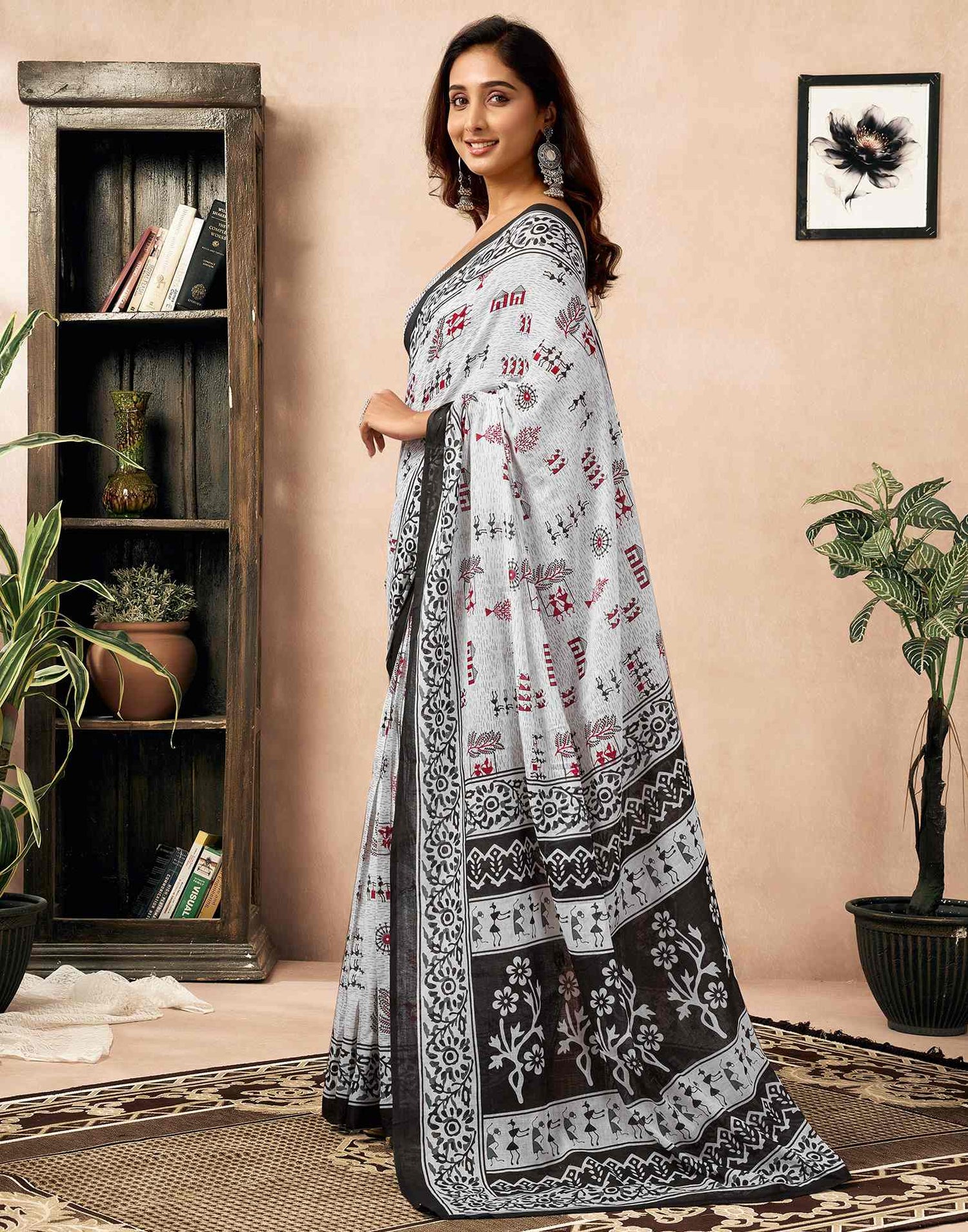 Ready To Wear White Cotton Printed Saree