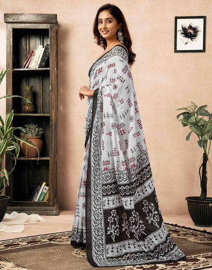 Ready To Wear White Cotton Printed Saree